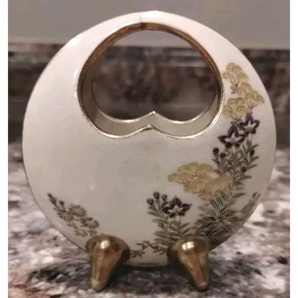 JAPANESE Late Meiji Period Antique SMALL SATSUMA MOON Gold Floral Flask Vase